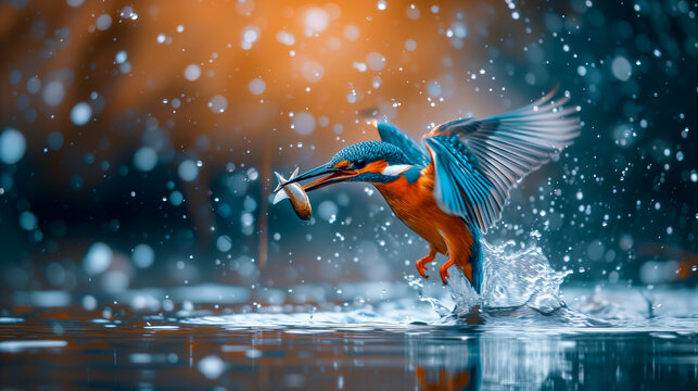 Kingfisher  (Alcedo atthis) flying after emerging from water with caught fish prey in beak. Kingfisher caught a small fish