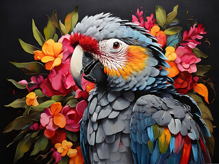 painting of macaw parrot with vibrant colors on dark canvas