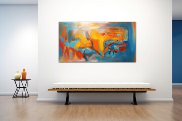 empty gallery corridor with bench and large abstract canvas