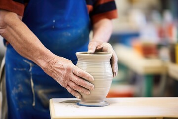 Fototapeta na wymiar potter at wheel forming ceramic vase in workshop