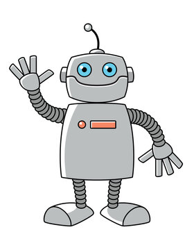 robot, color vector cartoon illustration of humanoid robot with waving hand, isolated on white