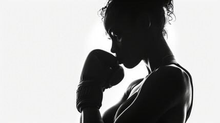 A black and white photo of a woman wearing boxing gloves. Suitable for sports and fitness-related themes
