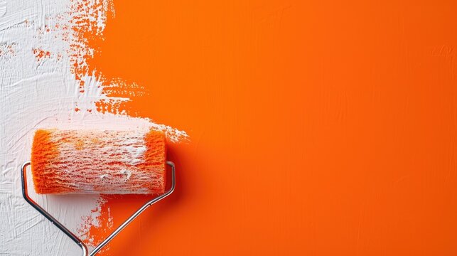 A paint roller with orange paint is shown on an orange wall. This image can be used for home improvement or interior design projects