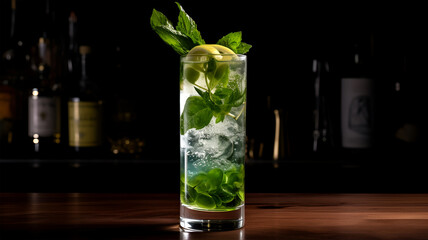 Delicious cocktail with lime and mint in long-drink glass on a blurred wooden table background. Selective focus image. - obrazy, fototapety, plakaty