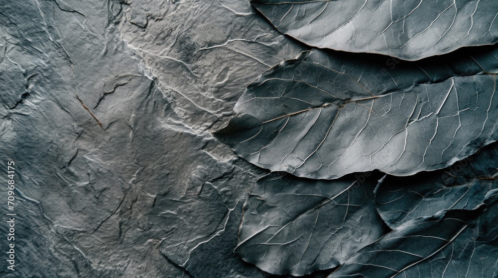 Poster A detailed view of a leaf resting on a textured stone wall. This image can be used to add a natural element to various design projects