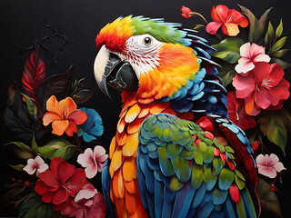 Fototapeta premium painting of macaw parrot with vibrant colors on dark canvas