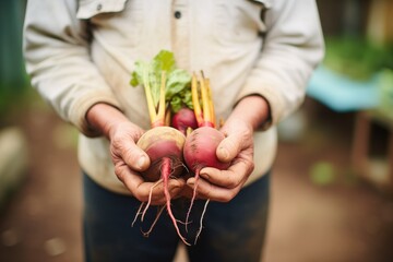 farmers hands holding a bunch of ripe beets