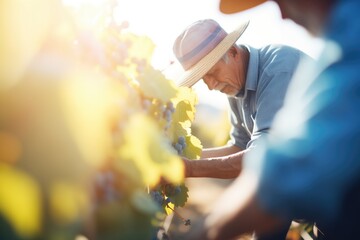 workers hand-picking grapes in vineyard
