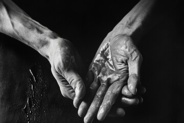 A black and white photo capturing the elegance and simplicity of a person's hands. Perfect for conveying emotions, connections, and human touch. - obrazy, fototapety, plakaty