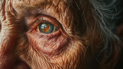 A detailed close-up of an elderly woman's eye, showcasing the intricate lines and textures. Perfect for medical or beauty-related projects - obrazy, fototapety, plakaty