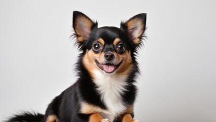 Portrait of Black and tan long coat chihuahua dog on grey background