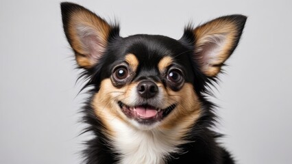 Portrait of Black and tan long coat chihuahua dog on grey background