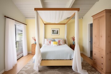 Fototapeta na wymiar cottage bedroom with canopy bed and wooden ceiling