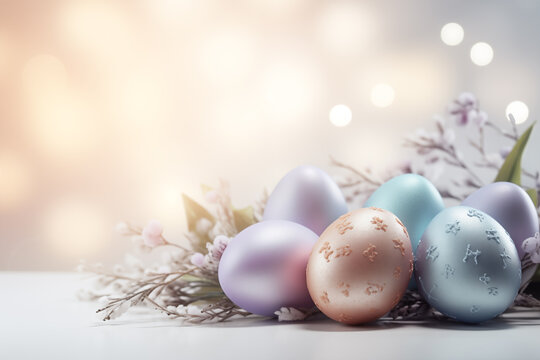 Pastel colored Easter eggs and flowers on sunny light background. Moody atmospheric image. Generative AI