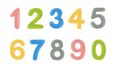 Cartoon numbers from zero to nine isolated on white background. Set of cheerful, multi-colored numbers for kids children's. Party, birthday, celebrate anniversary and wedding. Colorful flat vector