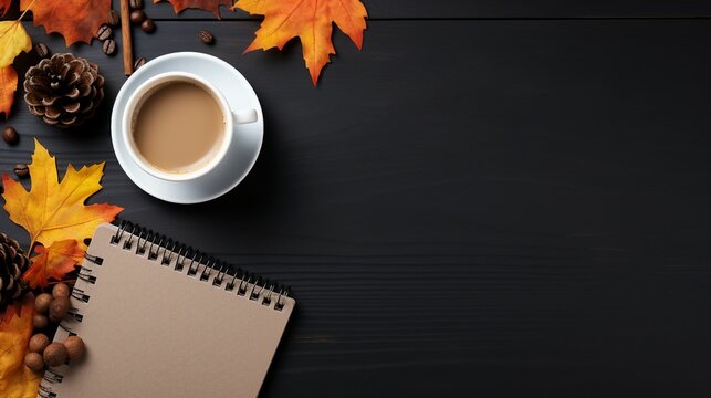 Autumn Business Vibes: Top View Photo with Coffee, Keyboard, and Reminders on Grey Background