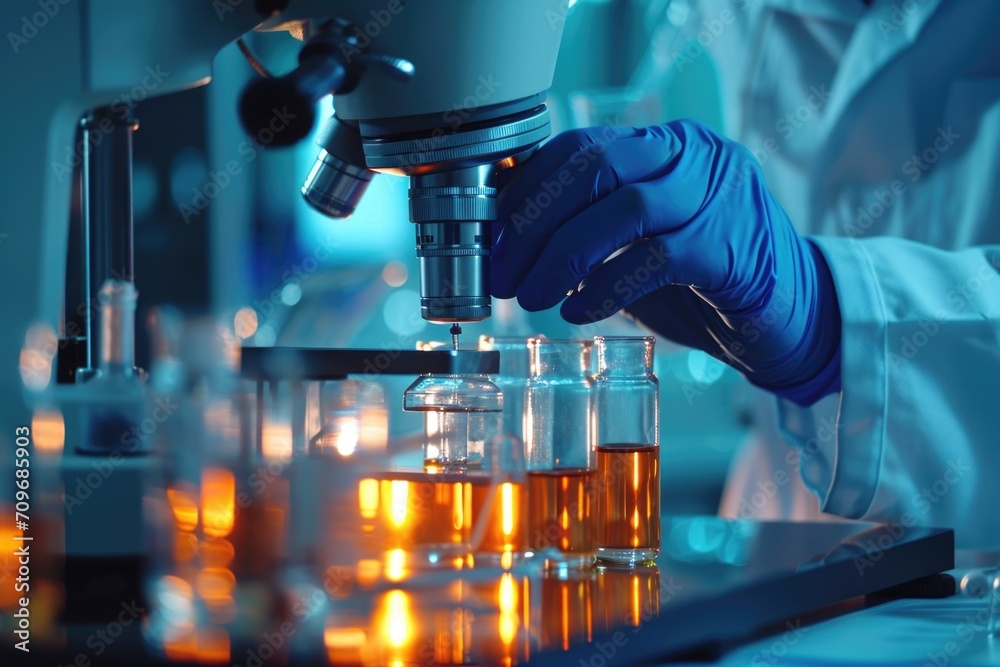 Aufkleber A person in a lab coat using a microscope. Suitable for scientific research and laboratory concepts