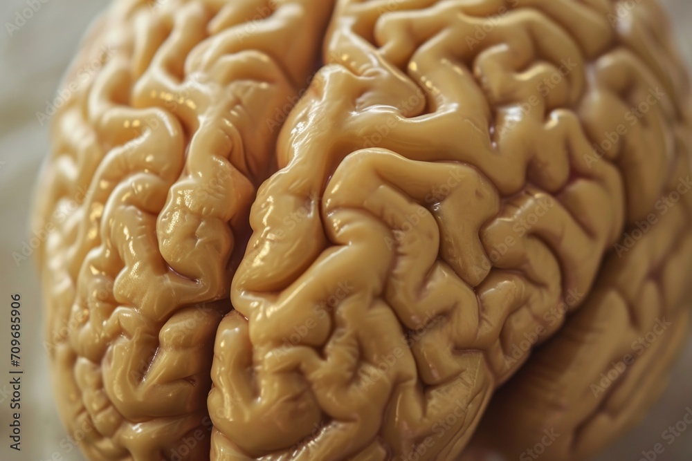 Poster A detailed close-up view of a model representing the intricate structure of a human brain. This image can be used to illustrate neuroscience, psychology, medical research, or educational materials