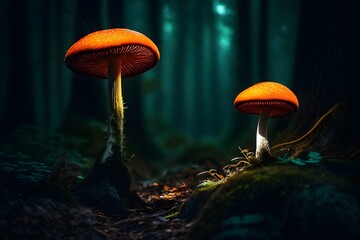 bioluminescent mushrooms growing in a dark forest. Magical neon mushrooms glowing - Beauty of nature.