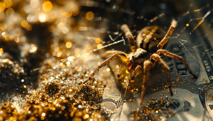 The spider has woven a web on dollars, financial savings. - obrazy, fototapety, plakaty