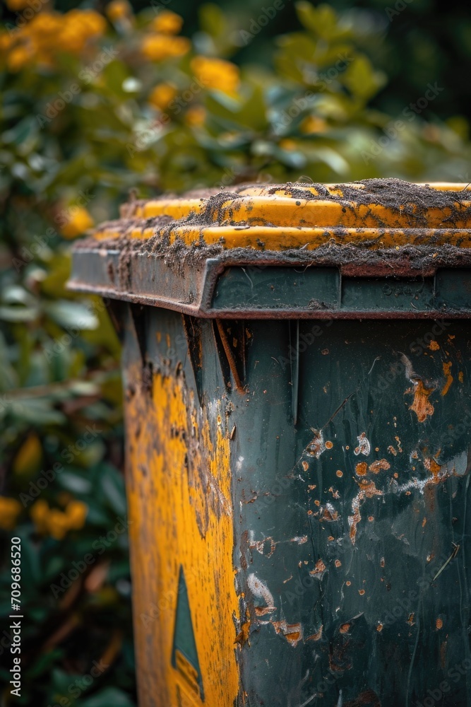 Poster a green and yellow trash can sitting in front of a bush. ideal for depicting waste management and en
