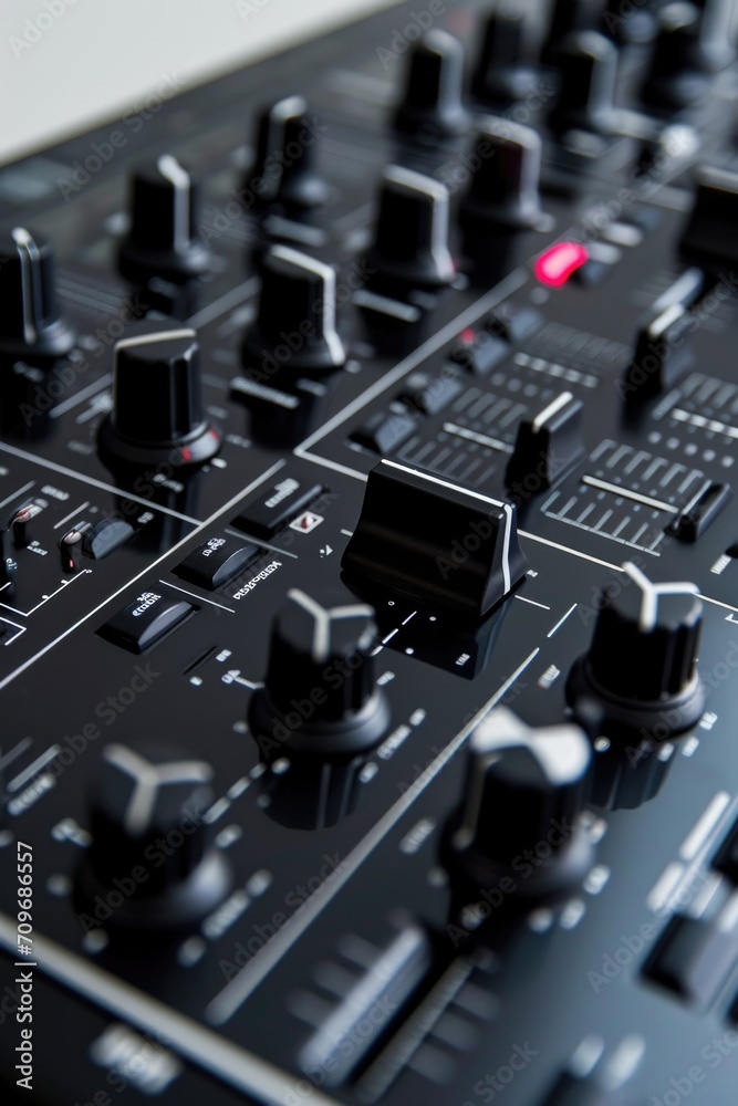Poster a detailed view of the knobs on a mixer board. perfect for music production or sound engineering pro