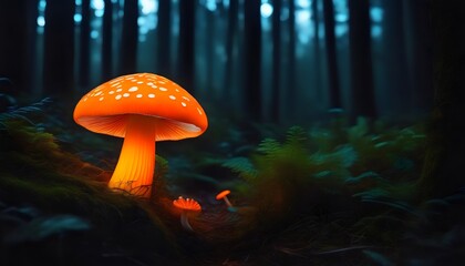 bioluminescent mushrooms growing in a dark forest. Magical neon mushrooms glowing - Beauty of nature.