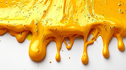 Yellow paint forms drips on a white background
