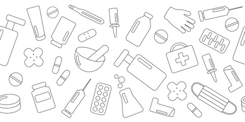Set of pharmacy items. Black outline on white background. Seamless border. Vector illustration for coloring book, print, packaging.