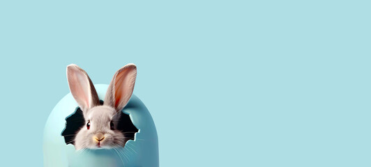 Easter white bunny with protruding ears peeks out of egg with cracked blue shell. Banner with copy space for text