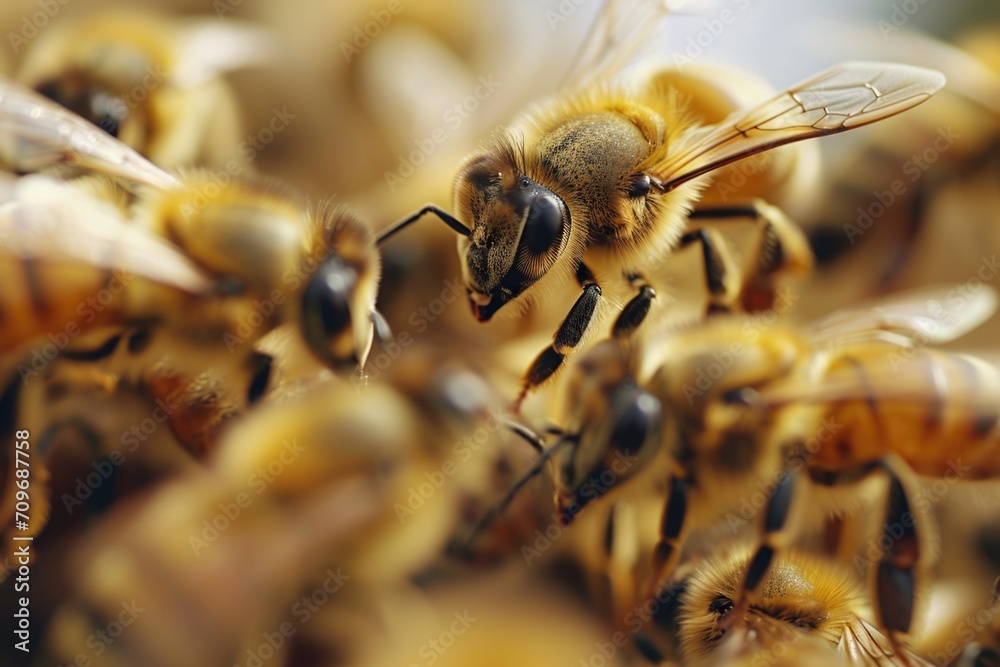 Poster A group of bees standing in the dirt. This image can be used to illustrate the behavior of bees or to showcase the importance of bees in pollination