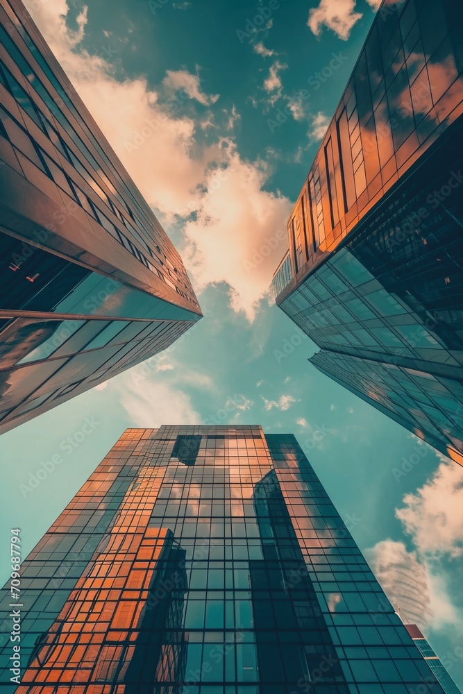 Poster a group of tall buildings with a clear blue sky in the background. suitable for various architectura