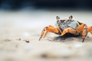 closeup of a crab scuttling across the sand