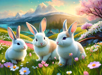 Easter cute bunnies and Easter eggs in flowers on a green meadow on a bright sunny day