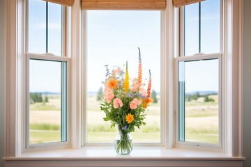 prairie wildflowers framing the view through a ribbon window
