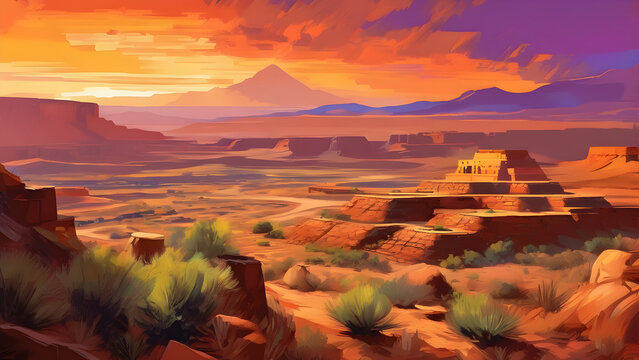 The oil painting The Hopi Indians landscape eternal plains brush strokes. Digital illustration created with Generative AI