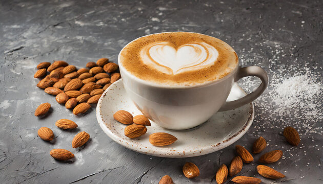 Plant-based almond cappuccino with almond garnish on top of the almond milk foam