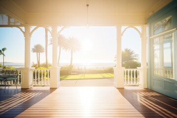 morning sunlight over a grand veranda overlooking sea - obrazy, fototapety, plakaty