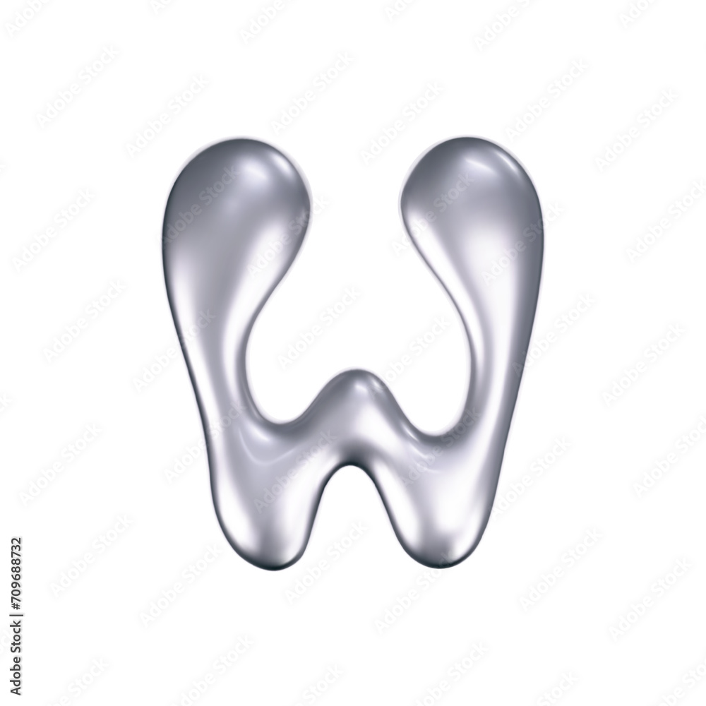 Canvas Prints 3d chrome liquid letter w in y2k style isolated. render of 3d metal inflated bubble alphabet with gl