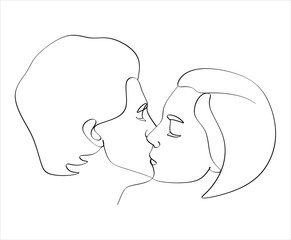 Linear drawing of a man and woman in love. Minimalist modern illustration card for Valentine's Day. Wedding logo. 