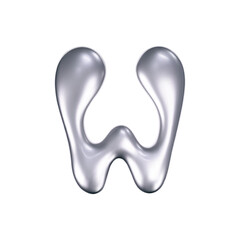3d chrome liquid letter W in y2k style isolated. Render of 3d metal inflated bubble alphabet with glossy silver effect. 3d vector y2k typography letter