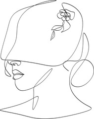 Woman Head with Flowers Line Vector Drawing. Style Template with Female Face with Flowers. Modern Minimalist Simple Linear Style. Beauty Fashion Design.