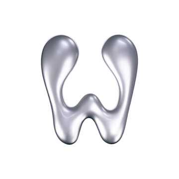 3d chrome liquid letter W in y2k style isolated. Render of 3d metal inflated bubble alphabet with glossy silver effect. 3d vector y2k typography letter