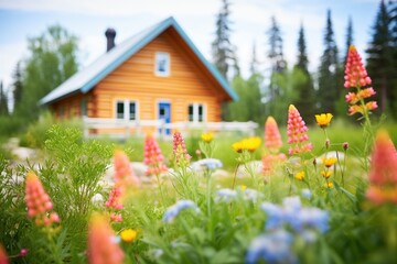 log cabin surrounded by wildflowers in bloom