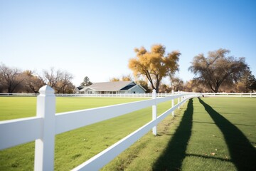 closeup of a white fence stretching across a ranch - obrazy, fototapety, plakaty
