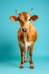 Ultra realistic and detailed cow surprised look, pink nose, on sky blue background