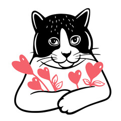 Cute funny cat with a heart, with a bouquet of heart flowers. Vector illustration Vector illustration. Love and friendship between human and pet