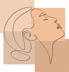 Poster with geometric shapes and female face in modern style on light background.