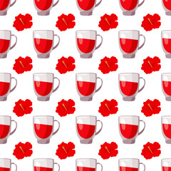 Fototapeta na wymiar Seamless pattern with Hibiscus Tea. Tea cup and fresh hibiscus flowers. Natural drink elements. Repeated Vector illustration of drink in simple cartoon flat style for wallpaper, textile, wrapping.