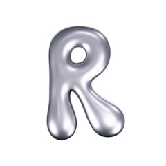 3d chrome liquid letter R in y2k style isolated. Render of 3d metal inflated bubble alphabet with glossy silver effect. 3d vector y2k typography letter